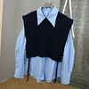 蓝色条纹宽松两件套装翻领盘扣飘带新中式长袖减龄百搭女衬衫N642
