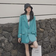 洋气减龄高级感蓝绿色小西装外套女春秋休闲百搭韩版西服上衣