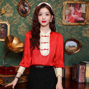 新中式上衣衬衫春季长袖，气质复古盘扣立领衬衣女，款秋红色国风小衫