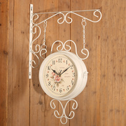 双面挂钟客厅钟表欧式铁艺，静音吊钟美式时钟现代简约创意两面钟大