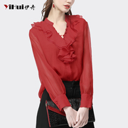 荷叶边v领雪纺，衫女设计感洋气红色衬衫，气质通勤上衣2024春装