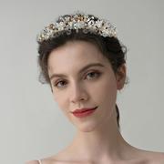 欧美原创设计新娘，巴洛克花朵水钻珍珠，发箍金色婚纱王冠头饰