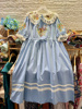 蓝色长裙高档精细棉布连衣裙长款夏季短袖蕾丝花边翻领刺绣宽松