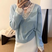法式新款时尚温柔风套头蕾丝拼接长袖毛衣女设计感v领针织衫外套