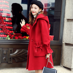 红色毛呢大衣2023年女中长款韩版宽松呢子高定小香风，冬季外套