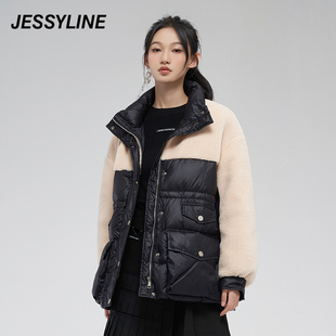 杰茜莱时尚毛绒拼接中长款羽绒服女装冬季立领外套 jessyline