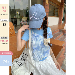 cckok设计感蓝色蝴蝶结吊带两件套2024春季圆领短袖t恤女潮