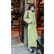 韩版春季绿色小香风外套半身裙，套装女款气质，时髦两件套宽松长裙