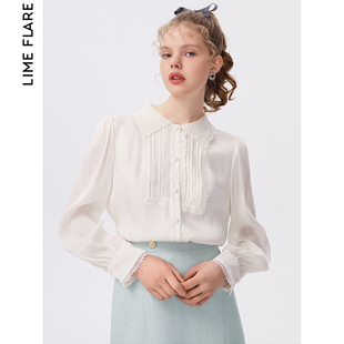 莱茵2023秋季雪纺蕾丝白衬衫，高级感商场同款宽松设计感上衣女