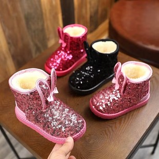 儿童雪地靴女童冬季棉靴加绒亮片朵小童女孩靴子防滑宝宝短靴