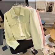 浅绿色polo领长袖衬衫外套，女春季白色短款打底衫，上衣时尚两件套装