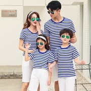 亲子装短袖条纹t恤一家4口母子女全家装儿童节半袖海军风体恤纯棉