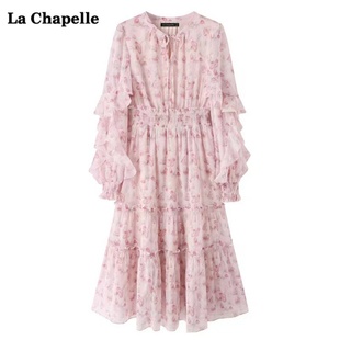 拉夏贝尔lachapelle粉色碎花，裙长裙春季灯笼袖雪纺连衣裙