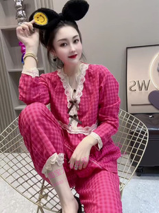 韩版格子家居服套装女士秋季甜美蕾丝花边v领长袖，睡衣长裤两件套