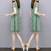 2023夏季清新绿色印花裙中长款宽松显瘦雪纺，网纱减龄连衣裙女