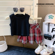 女童韩版学院风格子套装2024夏季女宝宝高腰背心T恤半身裙两件套