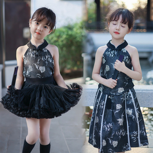 女童秋装套装2023新中式黑色复古碎花儿童tutu裙半身裙中秋节