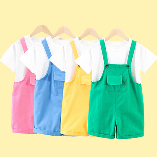 六一儿童糖果彩色棉短袖T恤七彩背带裤小学生纯色幼儿园毕业班服
