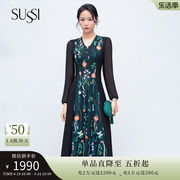 sussi古色春季黑网，绣花v领灯笼，袖x型连衣裙3203l2100