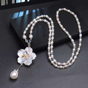 韩版优雅气质珍珠毛衣链长款女水晶珍珠项链贝壳花朵项链时尚饰品