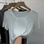欧洲站2021夏季短袖基本款螺纹棉白色t恤女纯色圆领修身百搭上衣