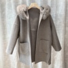 灰色大毛领双面羊绒，大衣2021冬季韩版系带，狐狸毛羊毛呢外套女