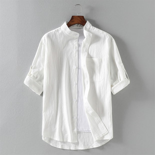 棉麻衬衫男夏季薄款7七分袖立领白色寸衫2021中国风亚麻短袖衬衣