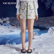 vjcolivia2023秋冬女装半身裙，国风刺绣花气质，短款修身短裙