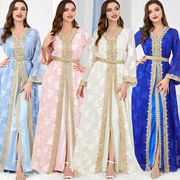 2023新阿拉伯节日高端提花，礼服长裙迪拜v领长袖女装两件套连衣裙