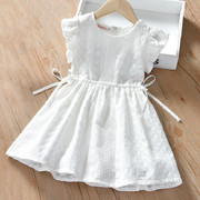女童白色纯色棉质连衣裙，夏季儿童刺绣公主裙宝宝，短袖蕾丝背心裙