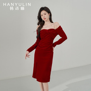 秋季红色长袖连衣裙女2023春秋款法式修身显瘦气质高级感裙子