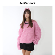 seicarinay蝴蝶结，装饰宽松版毛衣女，2023冬季粉色针织衫上衣