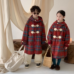 儿童大衣冬款男女童韩版格子，一体绒外套宝宝，加绒连帽中长款呢大衣
