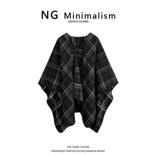 NG Minimalism款斗篷大衣女秋冬装2020韩版格子毛呢外套