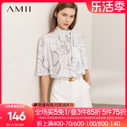 amii2024秋季雪纺衫女洋气，时尚印花飘带短袖，衬衫花瓣袖上衣