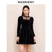 奥莱maxrieny法式复古风丝绒连衣裙，秋冬星钻约会小黑裙小礼裙