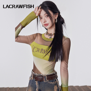 lacrawfish复古哥特风异料，拼接印花渐变弹力，透视网纱t恤上衣