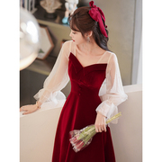 长袖敬酒服2024新娘酒(新娘酒)红色，结婚小个子订婚礼服连衣裙平时可穿