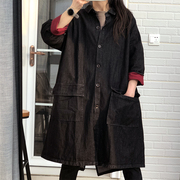 女国风春季时尚大码韩版休闲宽松显瘦黑色单排扣牛仔风衣外套