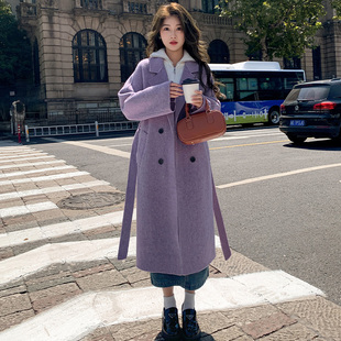 紫色双面羊绒呢大衣，2023年秋冬韩版宽松中长款系带毛呢外套女