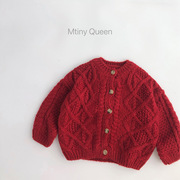 韩版新年儿童大红色毛衣，开衫圣诞冬款男女宝麻花纹，针织开衫洋气