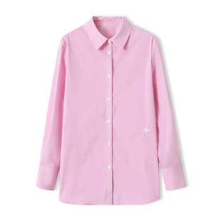 飞马系列色织细条纹粉衬衫刺绣，通勤森女系翻领，学院风长袖衬衣n196