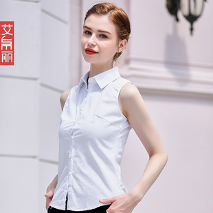 白色无袖衬衫女士夏季韩版修身ol职业通勤圆领，衬衣打底雪纺上衣潮