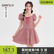 三福连衣裙2025新款夏季蕾丝方领泡泡袖格子收腰短裙子女装501217