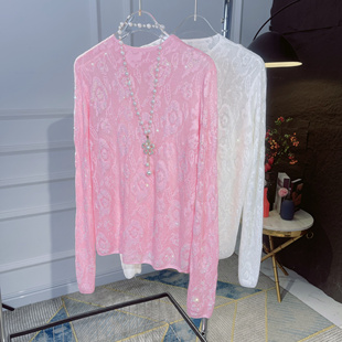 超漂亮的粉色镂空提花天丝羊毛针织衫女2024春季气质高品质长袖甜