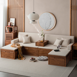 溪木工坊新中式实木沙发客厅，老榆木罗汉床，布艺储物推拉沙发床