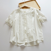 蕾丝刺绣棉布镂空衬衫女短袖森系文艺，通勤泡泡袖衬衣