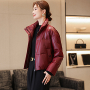 高端真皮羽绒服女短款面包领海宁绵羊皮皮衣鹅绒服夹克外套年轻款