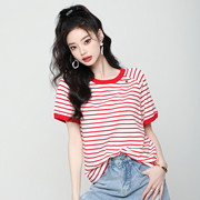美丽衣橱红白条纹短袖t恤女2023夏季宽松百搭纯棉圆领上衣潮