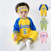 男女宝宝长袖球服连体衣0-3岁婴儿运动哈衣爬服新生儿篮球服帅气